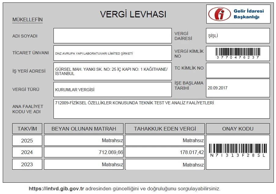 DNZ Avrupa Yapı Laboratuvarı Limited Şirketi vergi levhası